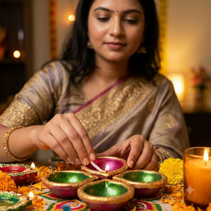 A woman in a sari lights a magenta diya with a match, surrounded by other lit diyas and candles.