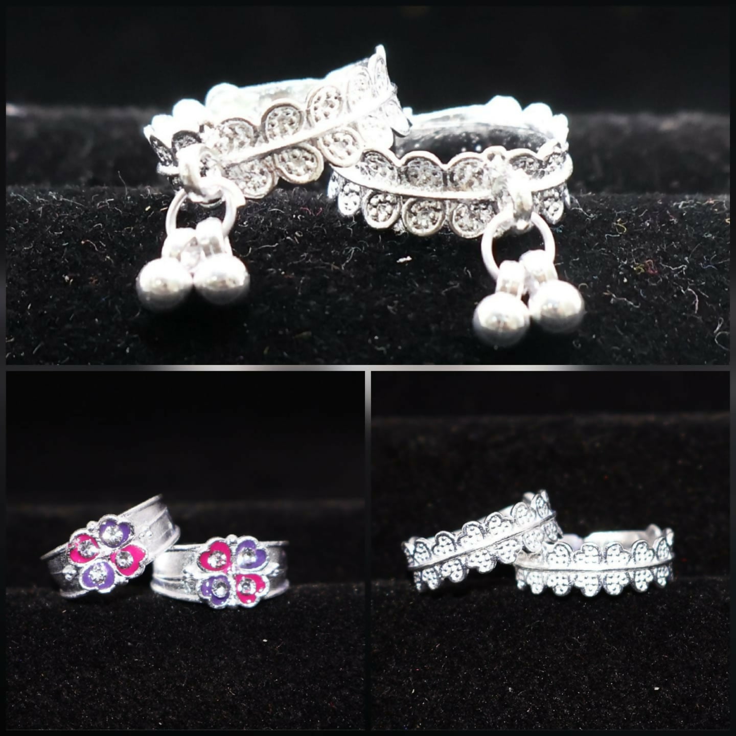 Vibrant pink and purple enamel floral silver toe ring with stone accents
