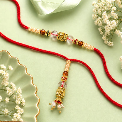 Antique Filigree Cube Charm Bhai Bhabhi Rakhi with Crystal Beads and Pearl Drops