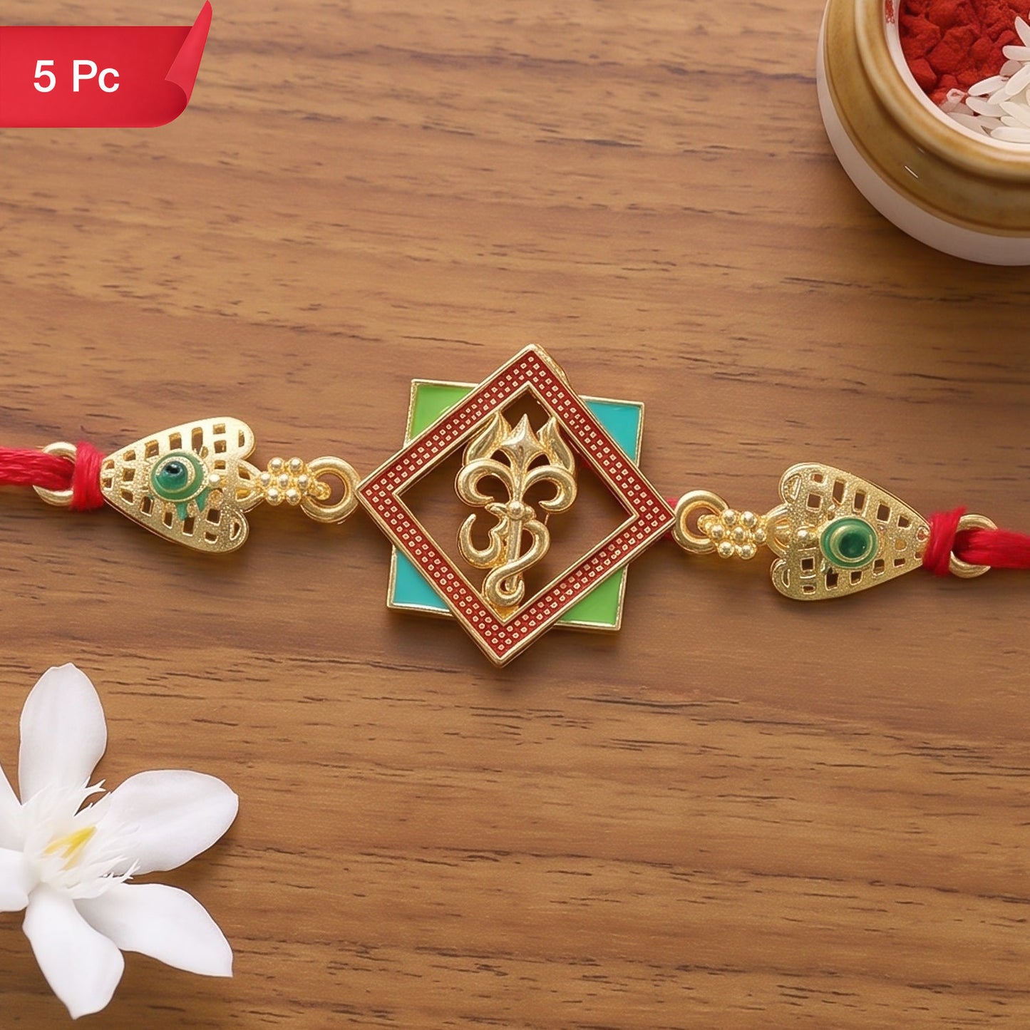 Gold-Toned Om Trishul Rakhi with Colorful Enamel for Raksha Bandhan (5pcs)