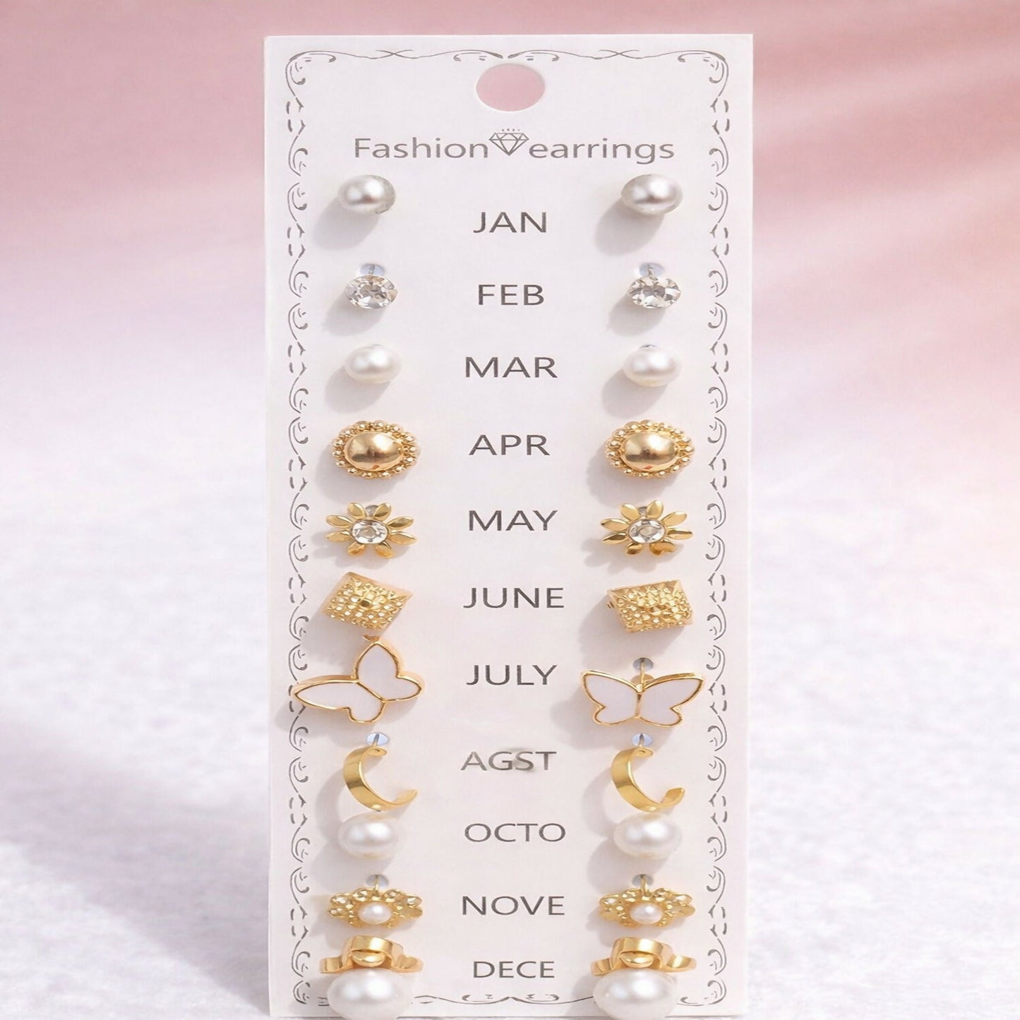 Close-up of birthstone stud earrings from the 12-pair set