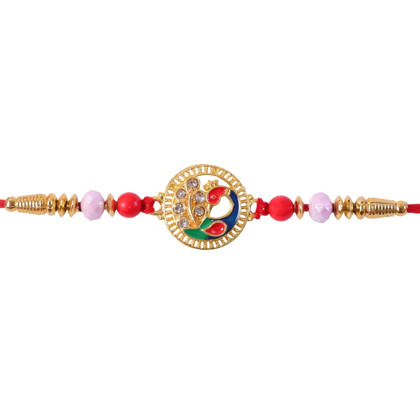 Premium Round Peacock Rakhi with Pearl Beads and Sacred Charm Design (5pcs)