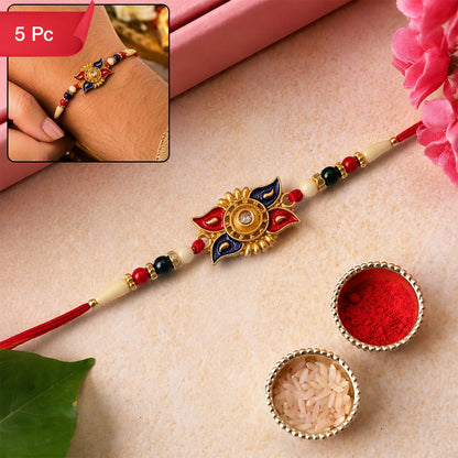 Traditional Red Blue Floral Kundan Rakhi Elegant Festive Design (5pcs)