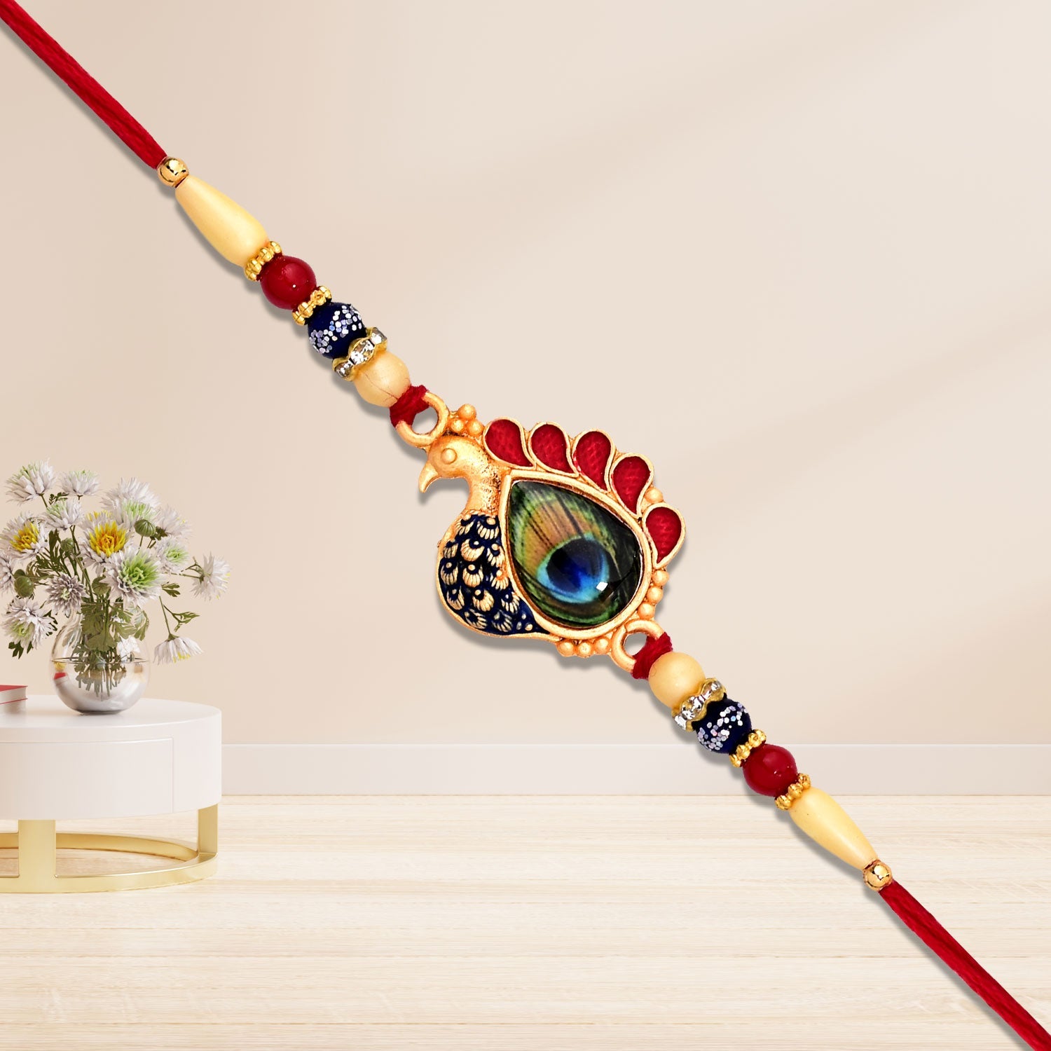 Peacock Feather Rakhi Golden Enamel Pearl Beads for Brother (10pcs)