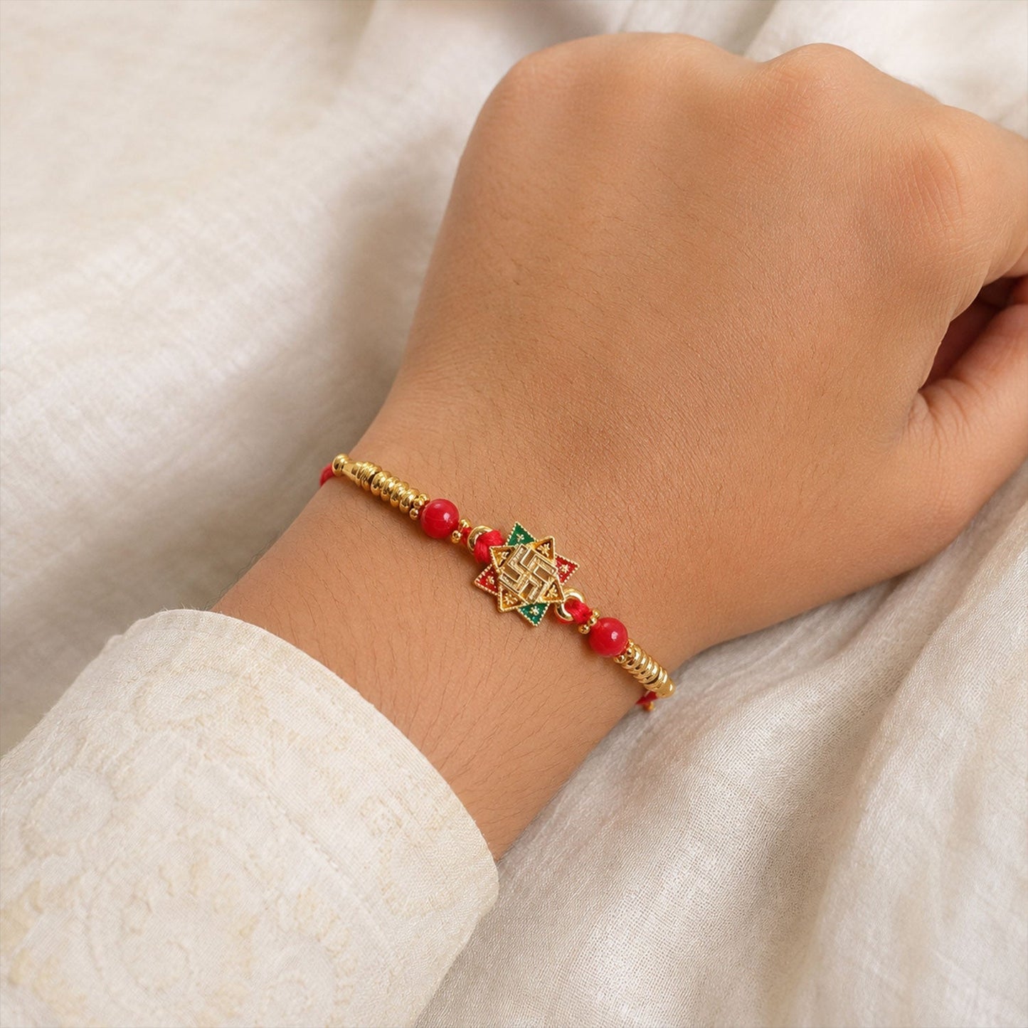 Golden Swastik Motif Rakhi with Enamel and Beadwork for Brother (5pcs)