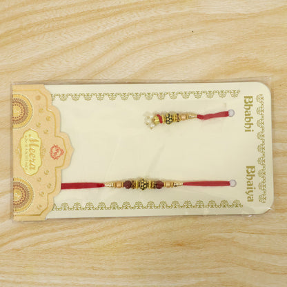 Pearl Drop Beaded Bhai Bhabhi Rakhi with Rudraksha Accents for Raksha Bandhan Gift
