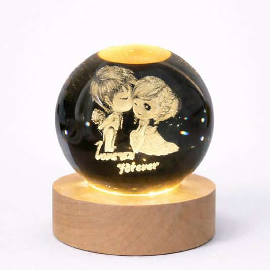 3D Crystal Couple Night Lamp with Wooden Base, USB Powered Romantic Light with writing LOVE YOU FOREVER