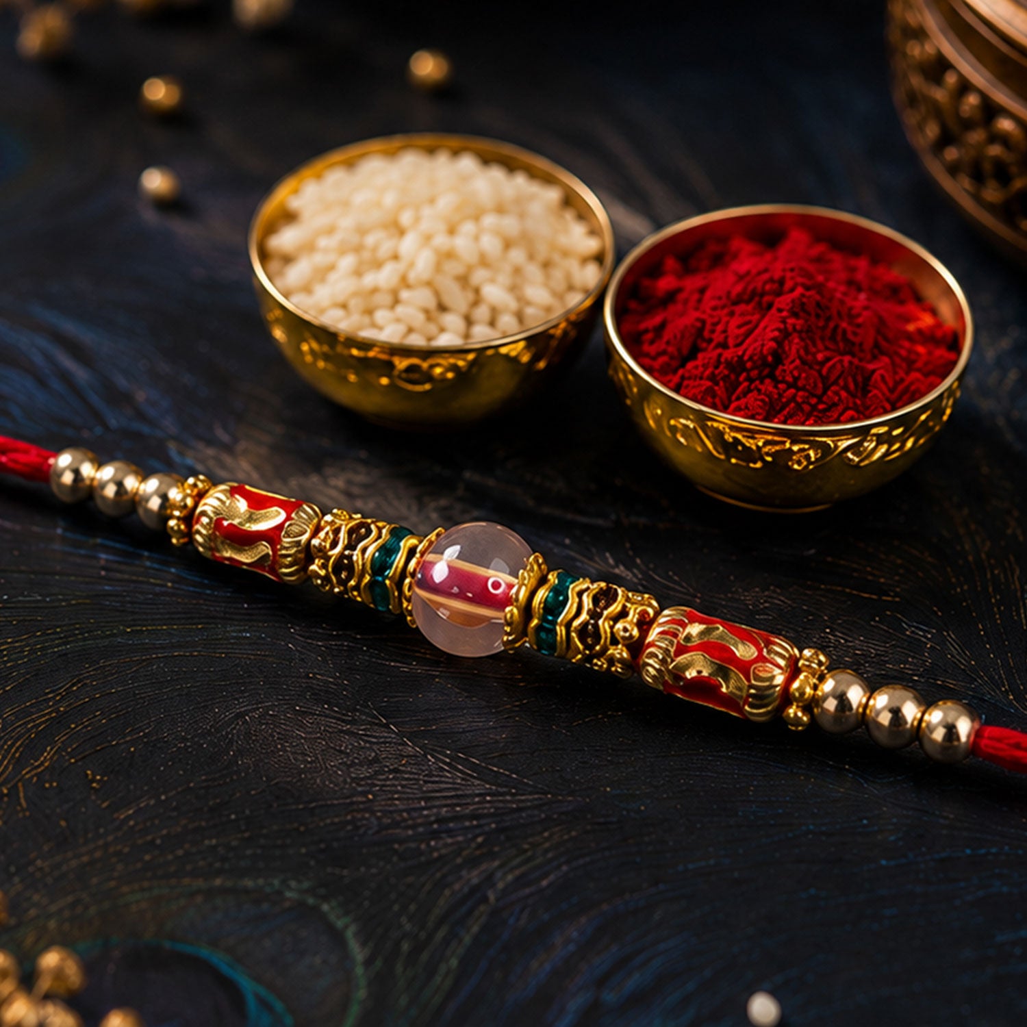 Red Green Stone Golden Designer Rakhi with Traditional Beads and Festive Thread