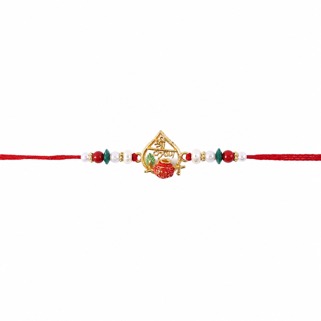 Golden Shri Krishna Dahi-Handi Frame Rakhi with Red Green Beads and Pearl Accents