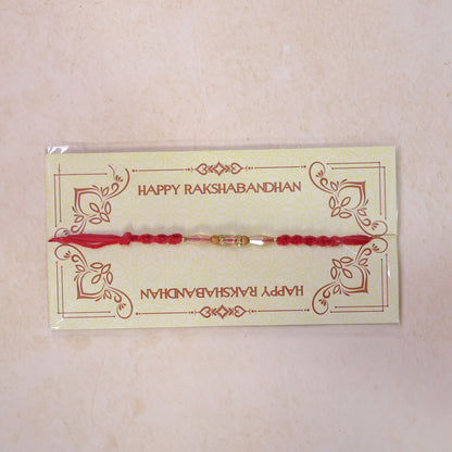 Red Thread Rakhi with Champagne Crystal Beads and Wooden Bead Accents
