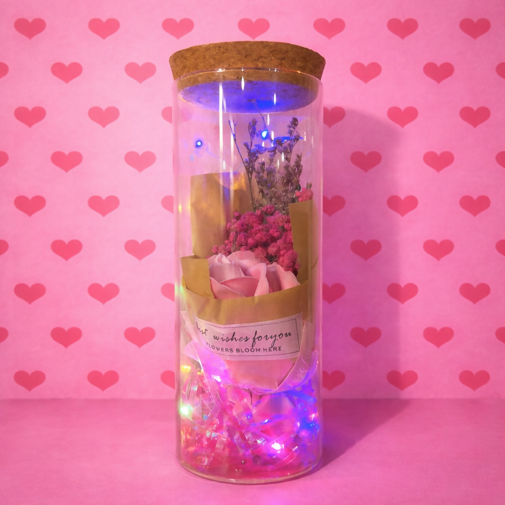 LED Glass Dome Flower Bouquet Gift Jar with Cork Lid & Fairy Lights (ANY COLOR)