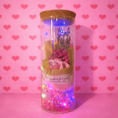 LED Glass Dome Flower Bouquet Gift Jar with Cork Lid & Fairy Lights (ANY COLOR)