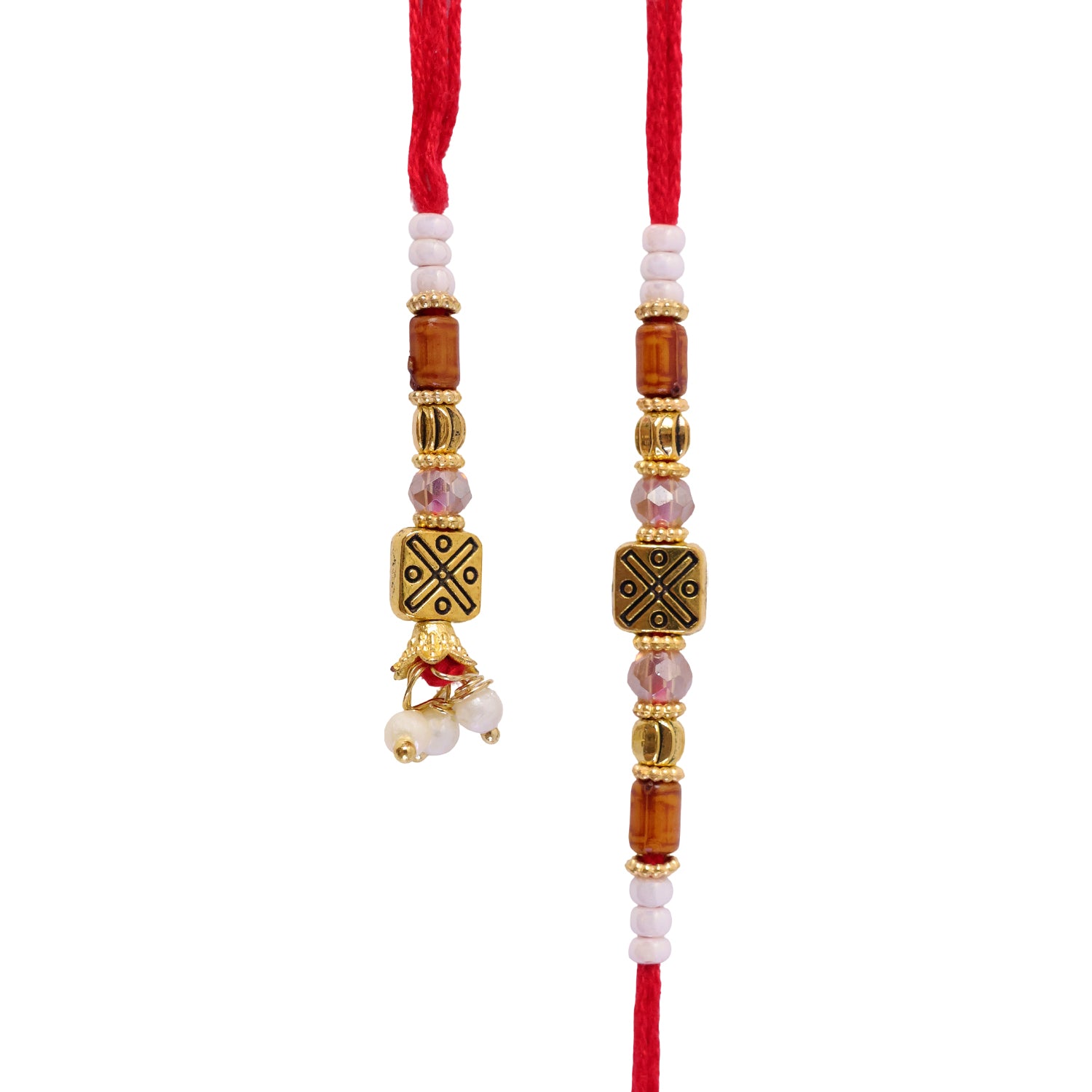 Geometric Square Couple Rakhi Set with Amber Beads and Pearl Lumba for Bhaiya Bhabhi