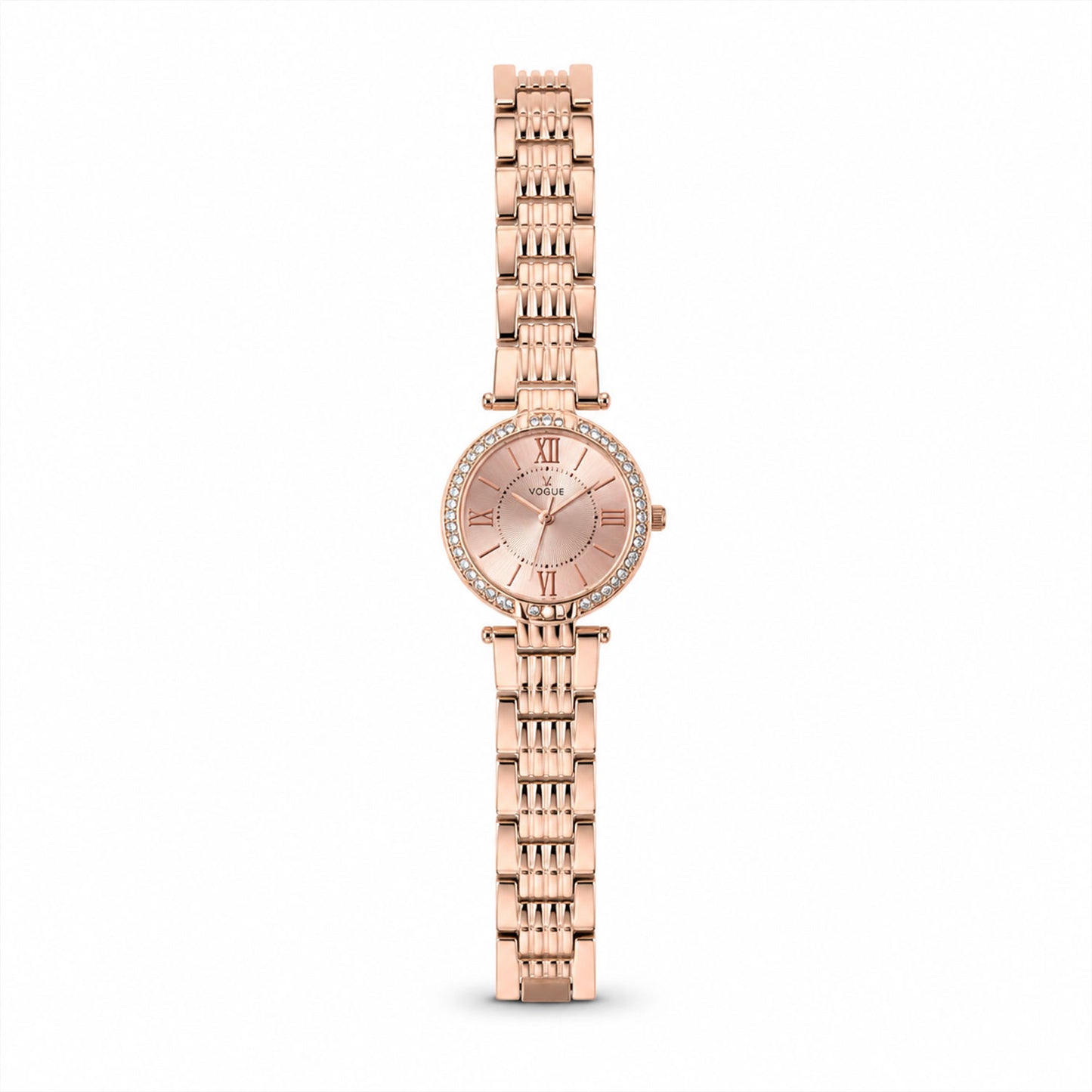 Detail of the rose gold watch clasp and stainless steel metal strap.