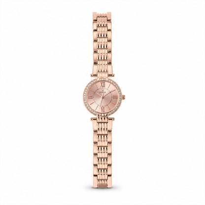 Detail of the rose gold watch clasp and stainless steel metal strap.