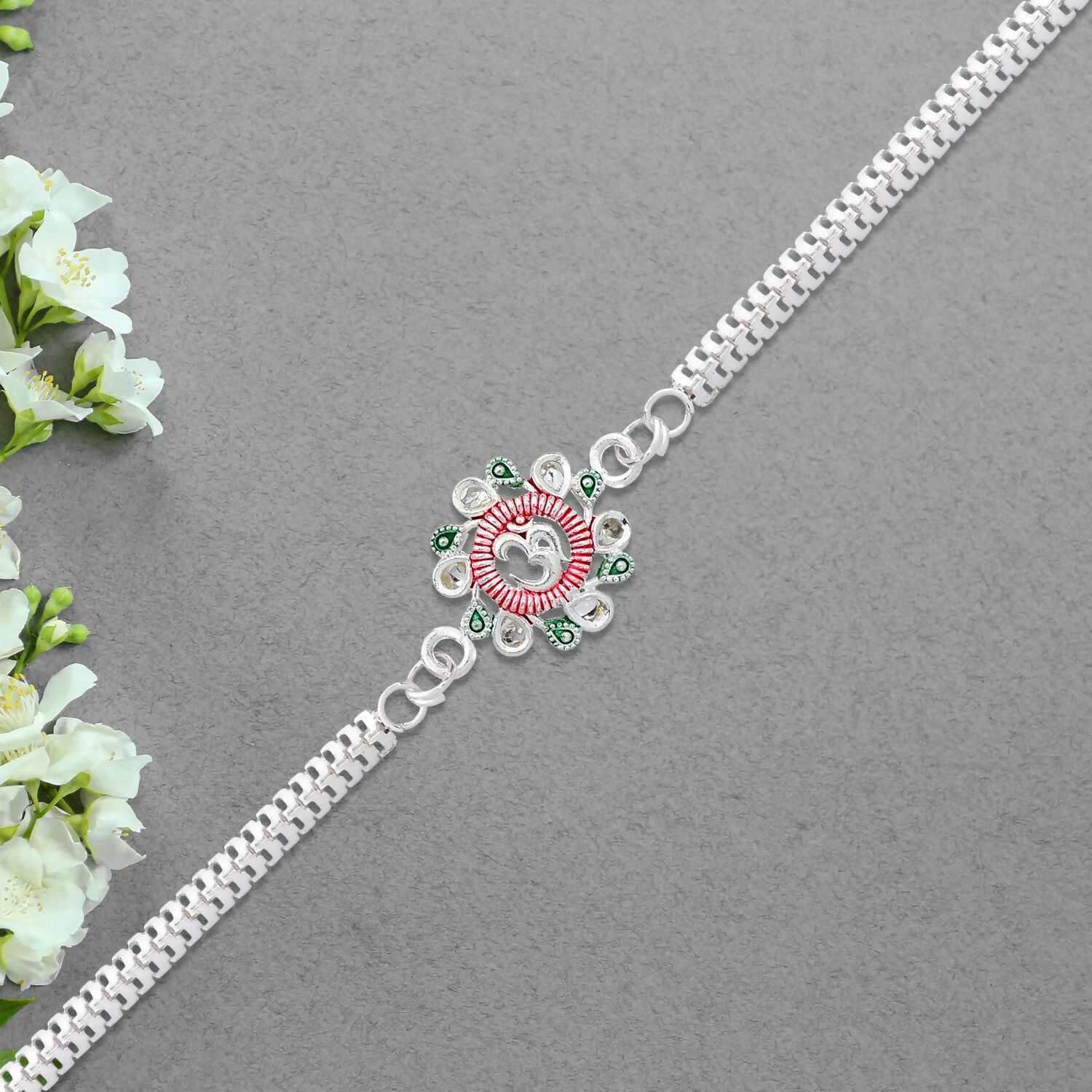 Om Rakhi Floral Design with Pink Green Accents for Raksha Bandhan (5pcs)