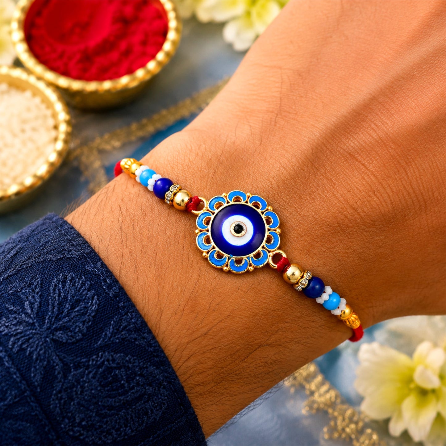 Evil Eye Rakhi Protective Blue Beads for Brother (10pcs)