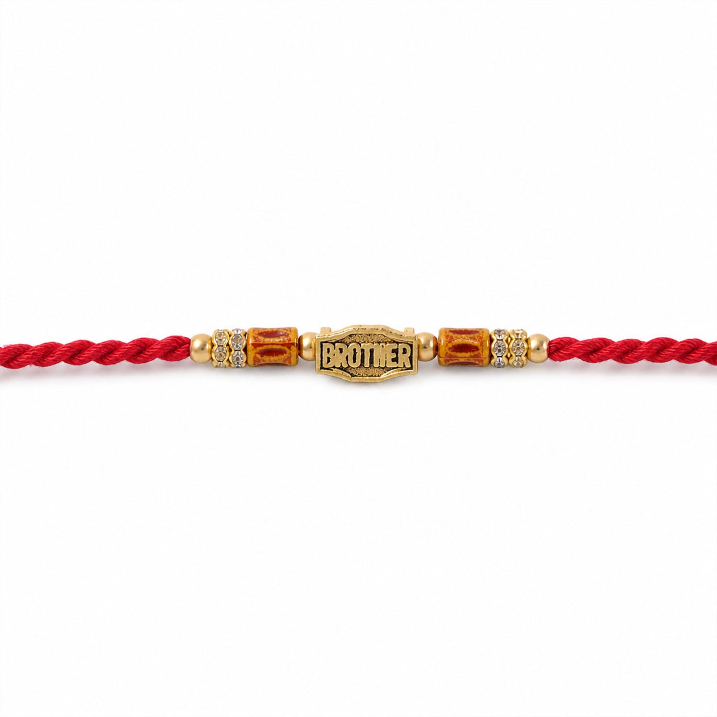 Red Thread Rakhi with Wooden Beads and a Personalised 'Brother' Charm