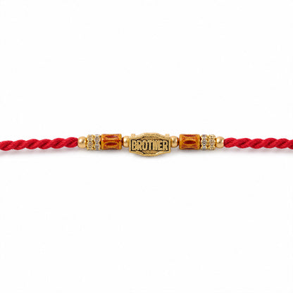 Red Thread Rakhi with Wooden Beads and a Personalised 'Brother' Charm