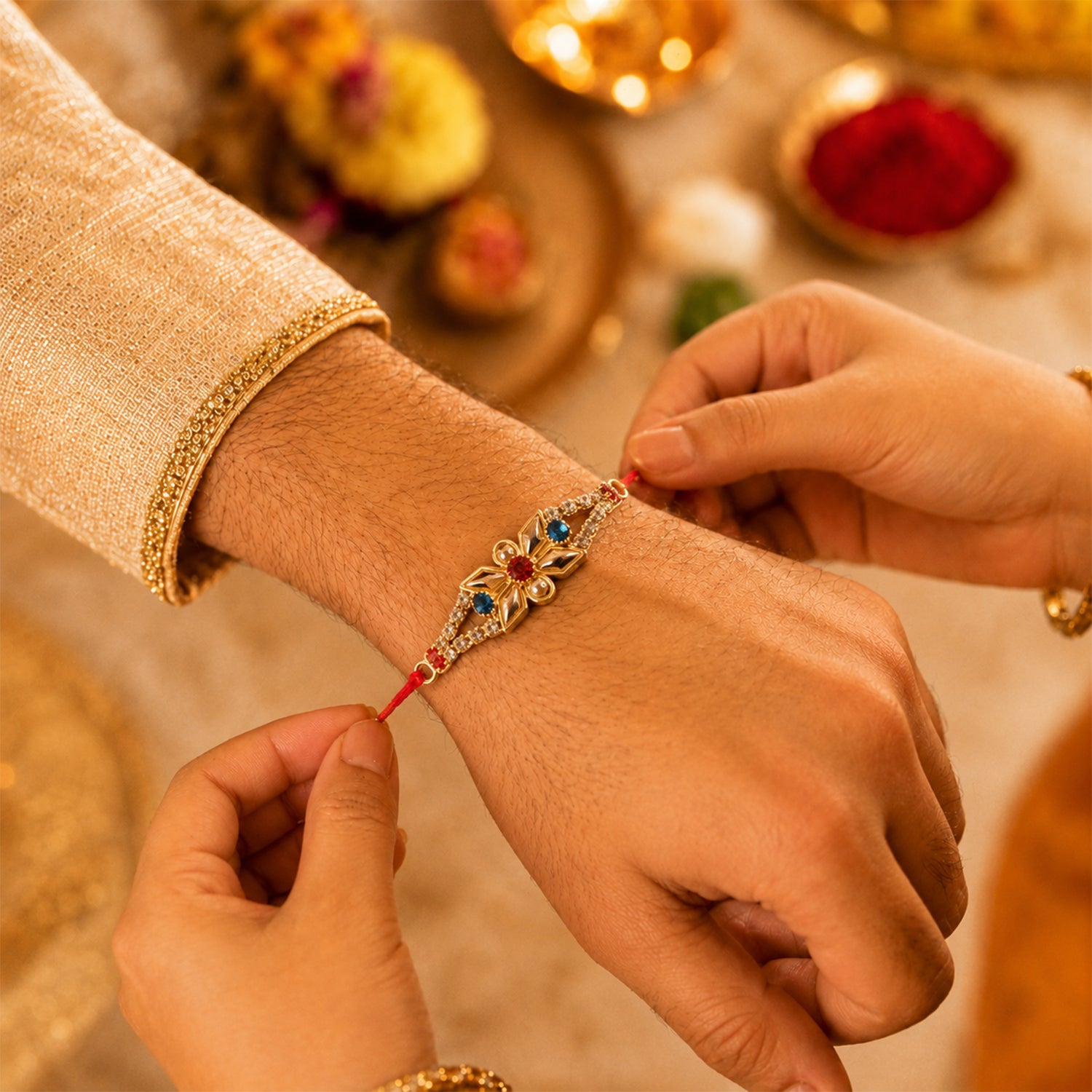 Red White Floral Rakhi with Triple Stone Center and Clean Finish