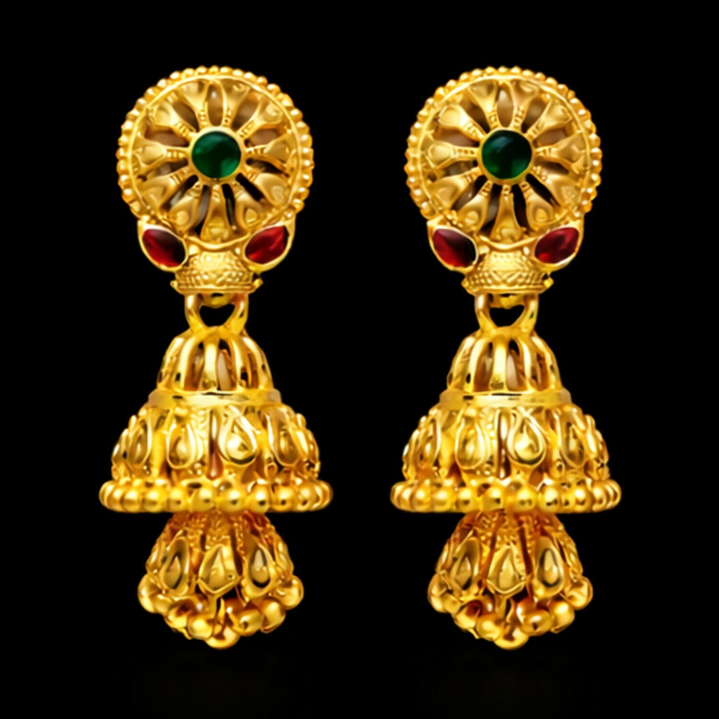 Front view of lightweight gold plated traditional jhumka earrings for women