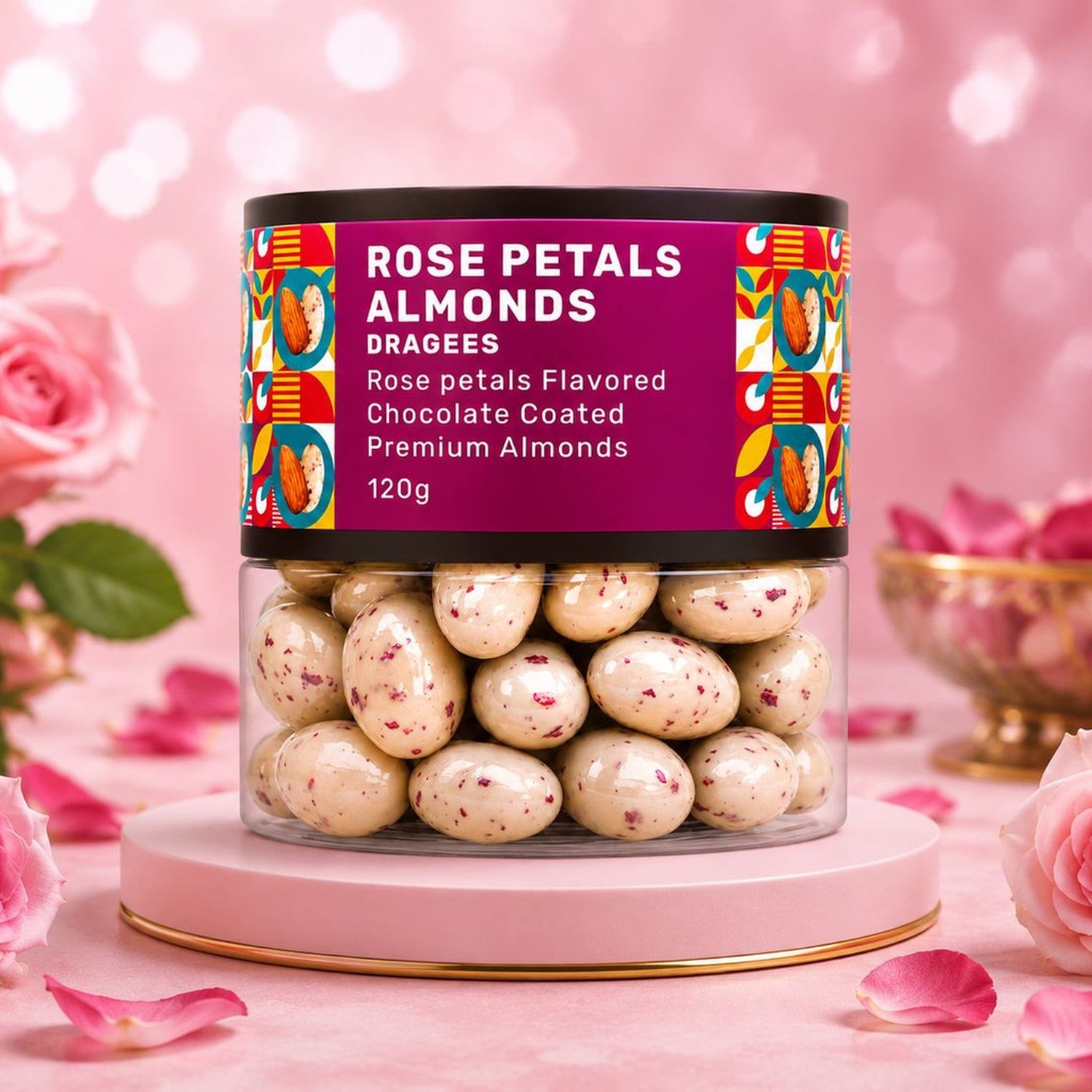 A glass jar filled with Oracle Rose Petal Almond Dragees, ready for a sweet indulgence.