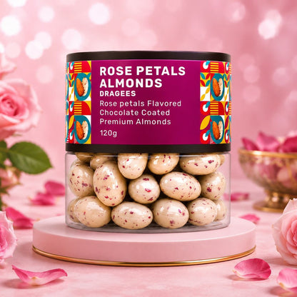 A glass jar filled with Oracle Rose Petal Almond Dragees, ready for a sweet indulgence.