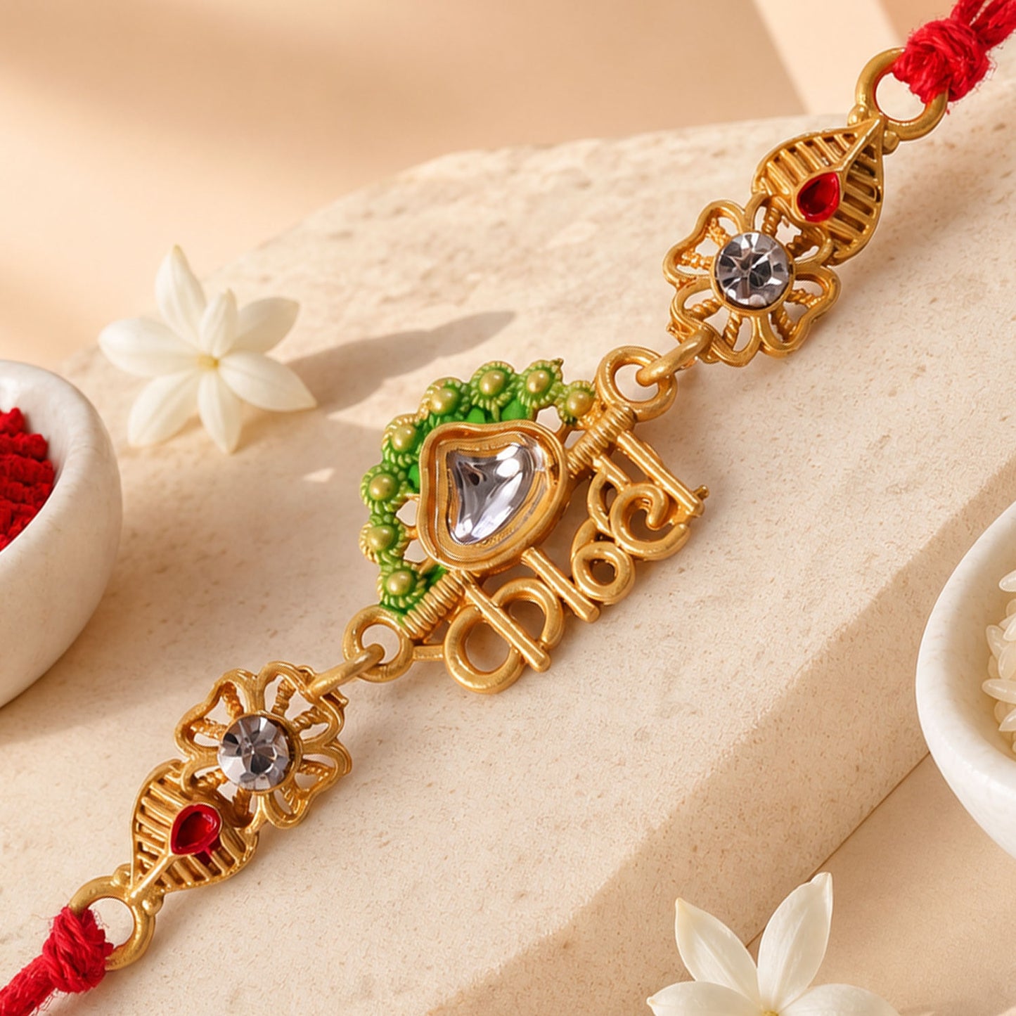 Elegant Rakhi showcasing Personalized Name Script, gold trims and wrist look for Gift