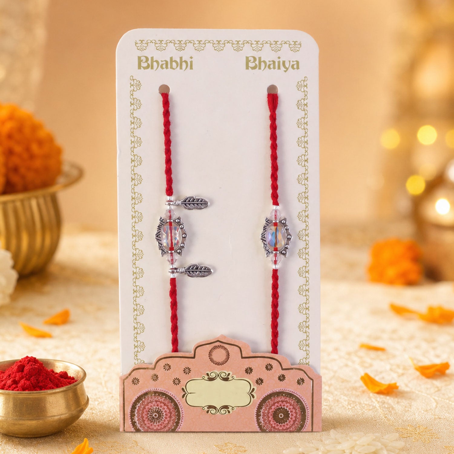 Iridescent Stone Bhaiya Bhabhi Rakhi Pair with Silver Leaf Charms for Couple Gift