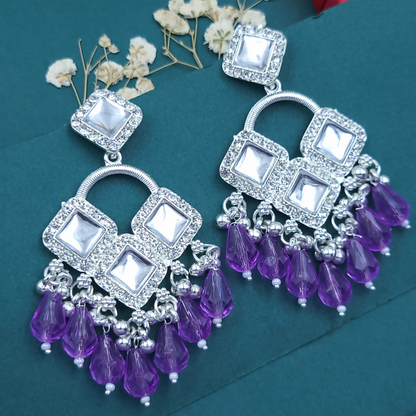 Elegant Silver Plated Chandelier Earrings Featuring Square Crystals and Purple Teardrop Beads
