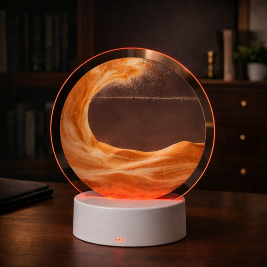 Orange Round Moving Sand Art LED Lamp with Flowing Landscape Design