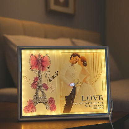 Romantic Paris-Themed LED Photo Frame with Eiffel Tower & Rose Art | Warm Light Illuminated Couple Picture Frame for Anniversary, Wedding & Valentine Gift | USB Powered Tabletop Love Photo Lamp for Bedroom & Home Decor