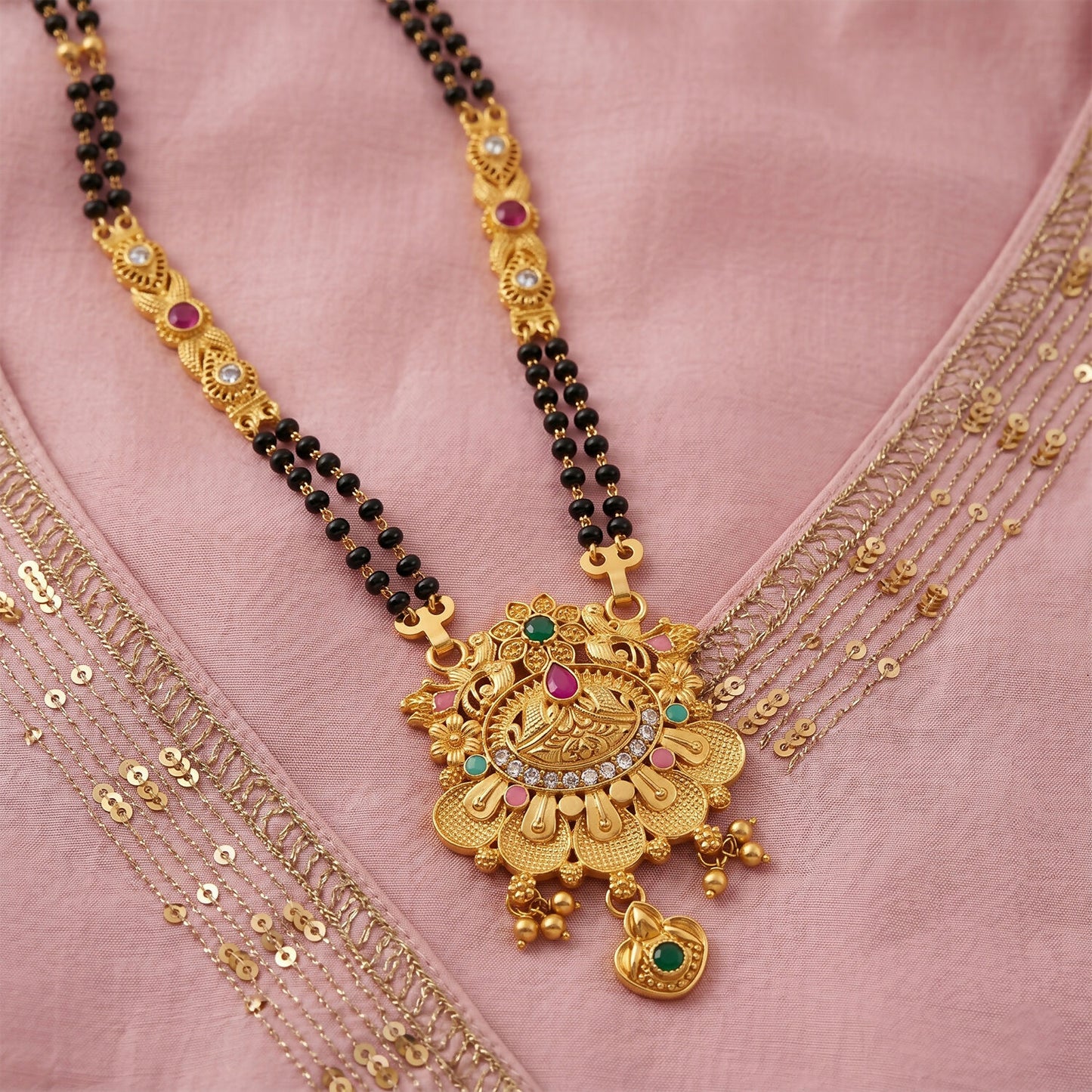 Long double-strand black bead chain mangalsutra with decorative pendant
