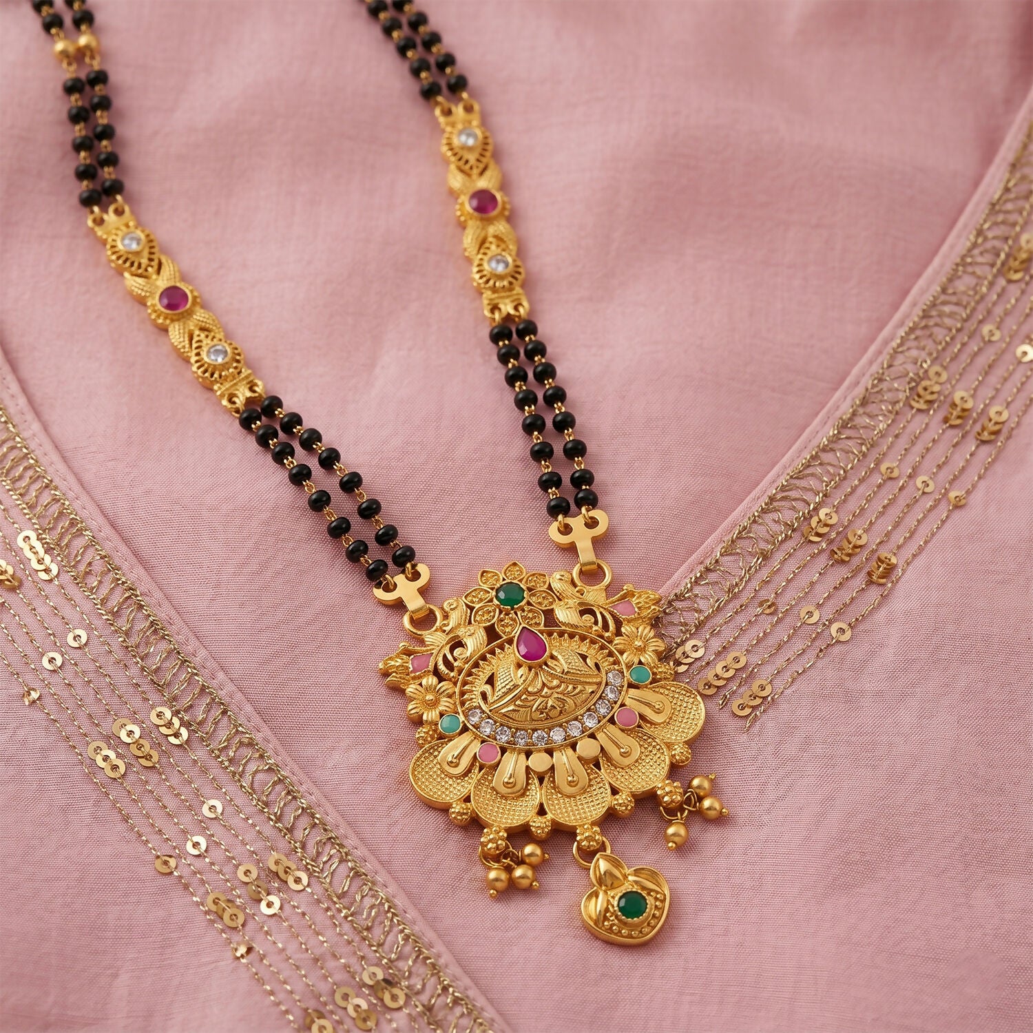 Long double-strand black bead chain mangalsutra with decorative pendant