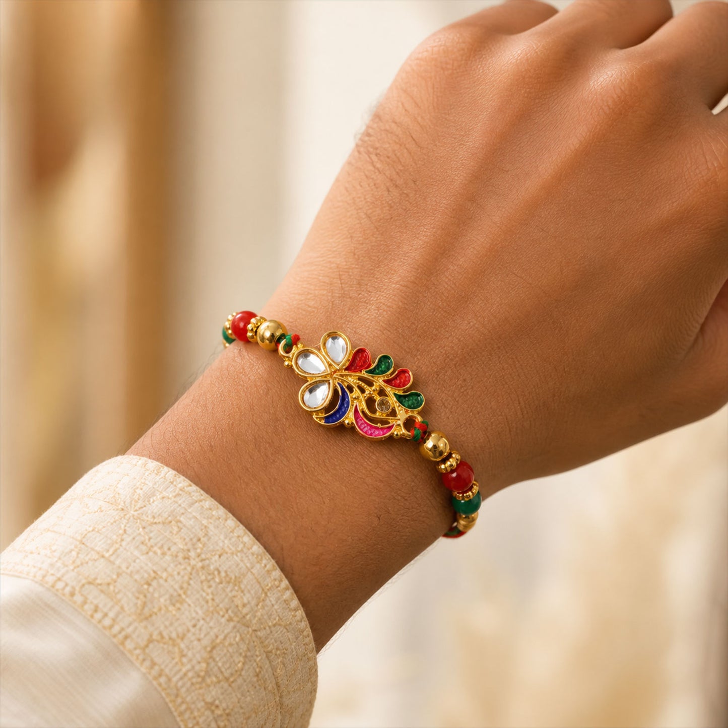 Multicolor Floral Kundan Pendant Rakhi with Green Beads
