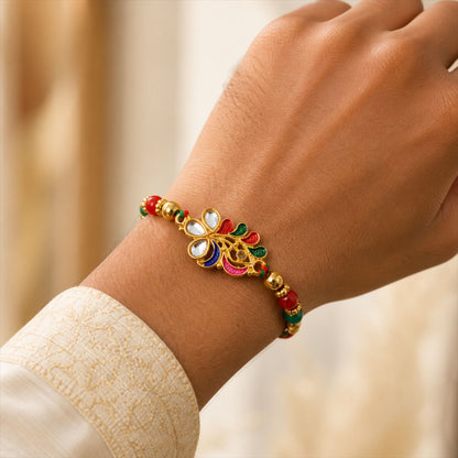 Multicolor Floral Kundan Pendant Rakhi with Green Beads