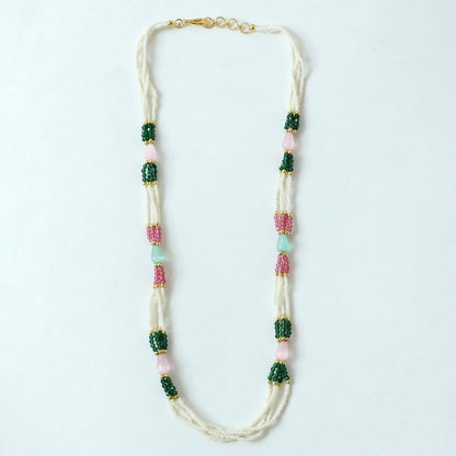 Festive style pearl necklace with green and pink stones