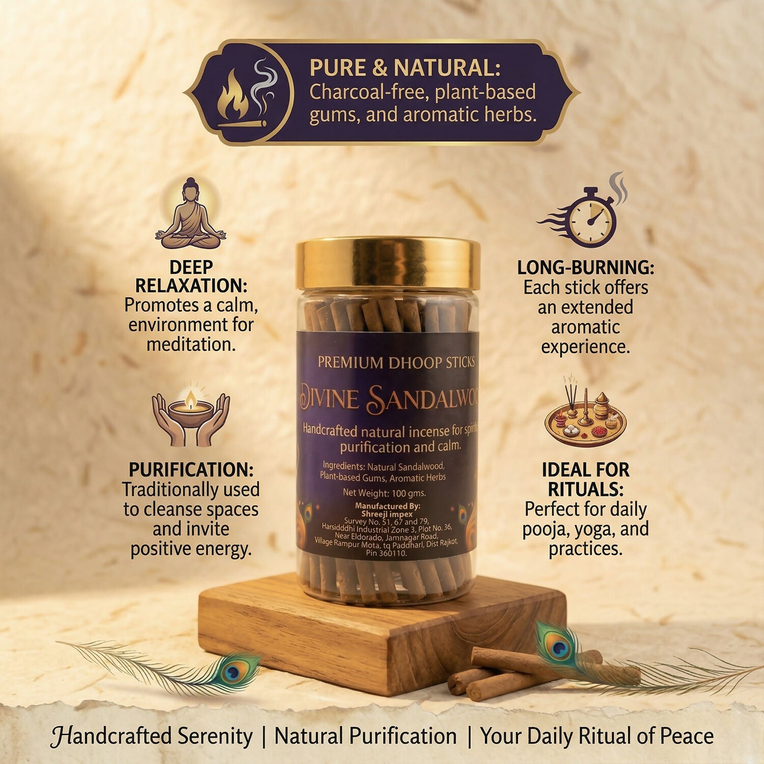 Divine Sandalwood Premium Dhoop Sticks Natural Incense Sticks for Spiritual Purification Long Lasting Aroma (100Gm)