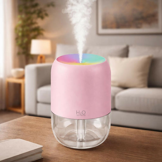 Pink USB Mini H2O Humidifier with Color LED Light for Desk & Bedroom