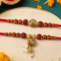 Amber Beaded Rose Couple Rakhi Set with Rudraksha Style Accents and Pearl Lumba Gift