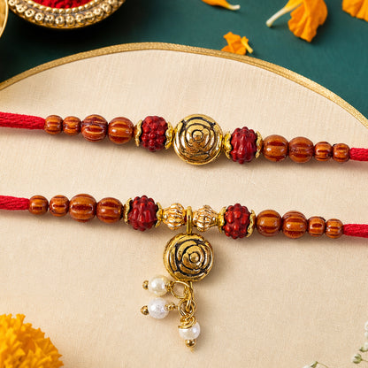 Amber Beaded Rose Couple Rakhi Set with Rudraksha Style Accents and Pearl Lumba Gift