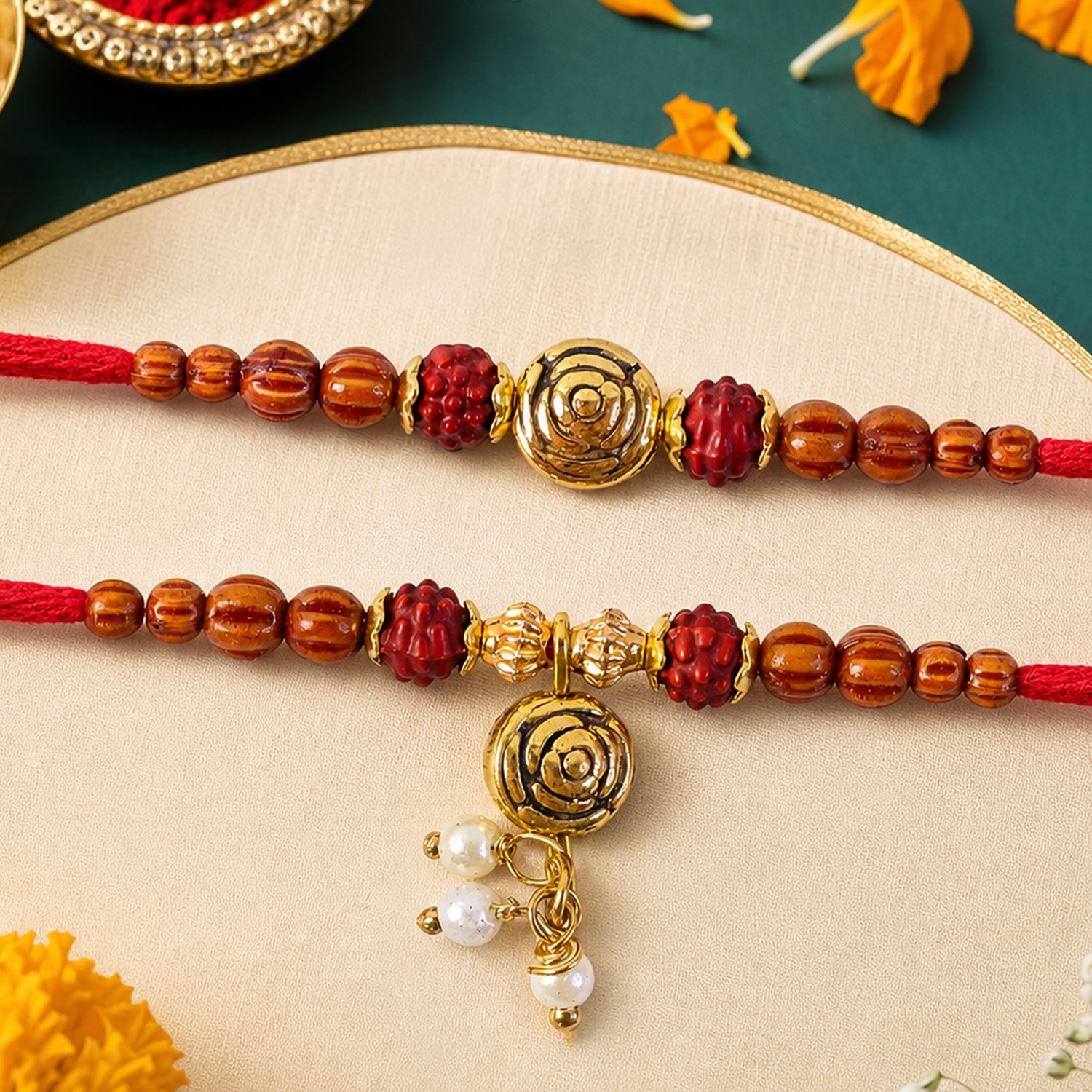 Floral Rose Design Bhai Bhabhi Rakhi with Spiral Rose and Pearl Tassel for Gifting