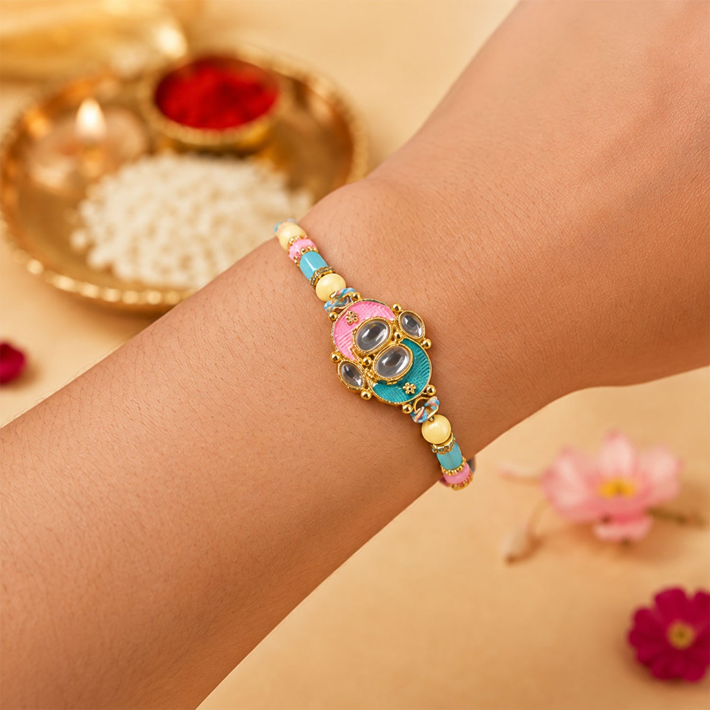 Teal and Pink Enamel Kundan Pendant Rakhi with Pastel Beads