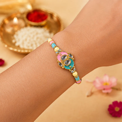 Teal and Pink Enamel Kundan Pendant Rakhi with Pastel Beads