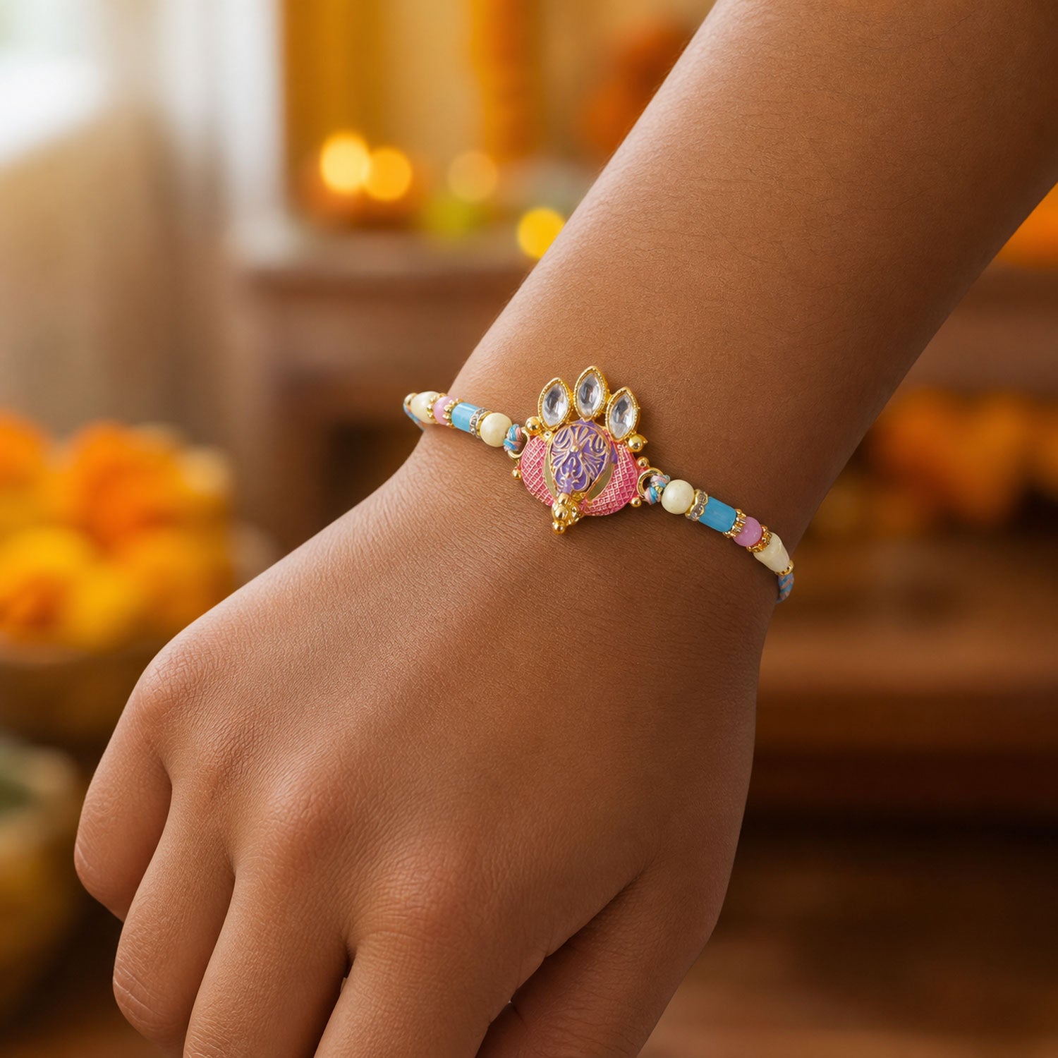 Coral Enamel Medallion Pendant Rakhi with Kundan Teardrop Stones