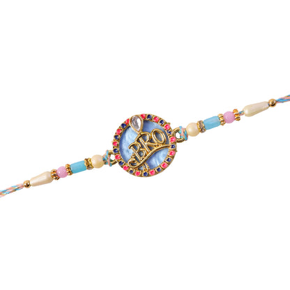 Bro Text Pendant Rakhi with Pink and Navy Kundan Stones