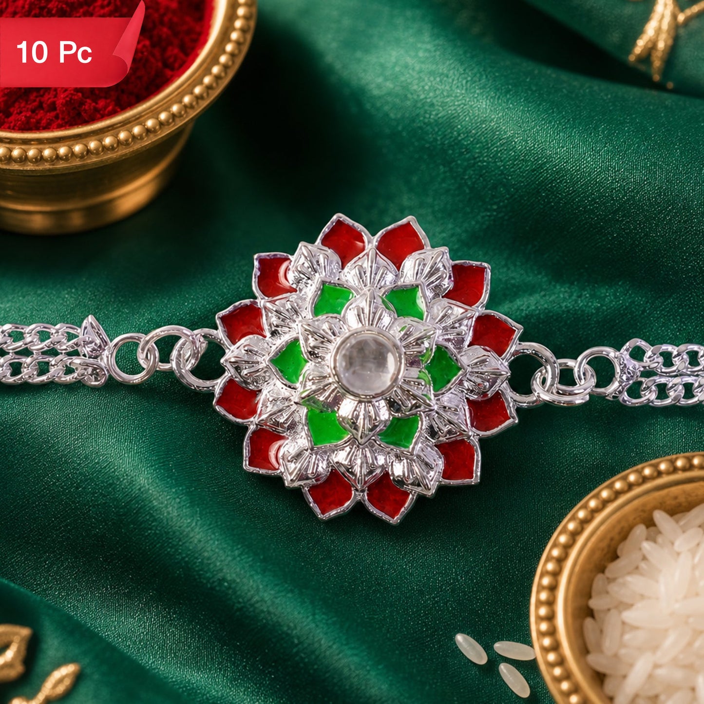 Designer Floral Rakhi Silver Toned Stone Rakhi for Brother (10pcs)