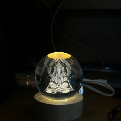 3D Crystal Ganesh Night Lamp with Wooden Base, USB Powered Decorative Light