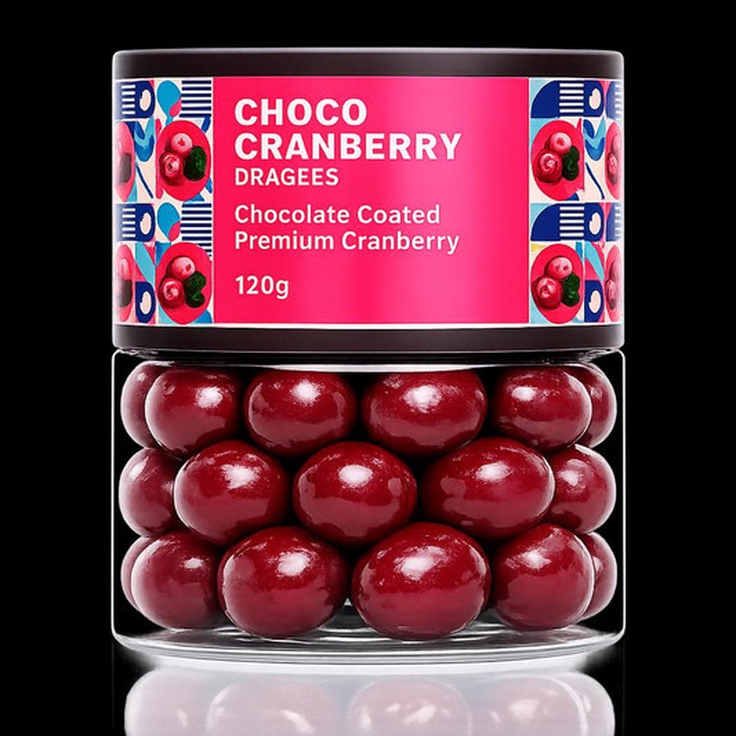 Choco cranberry dragees artfully arranged with fresh cranberries, emphasizing the fruit.