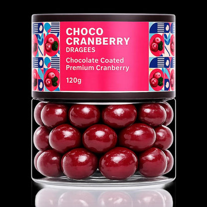 Choco cranberry dragees artfully arranged with fresh cranberries, emphasizing the fruit.